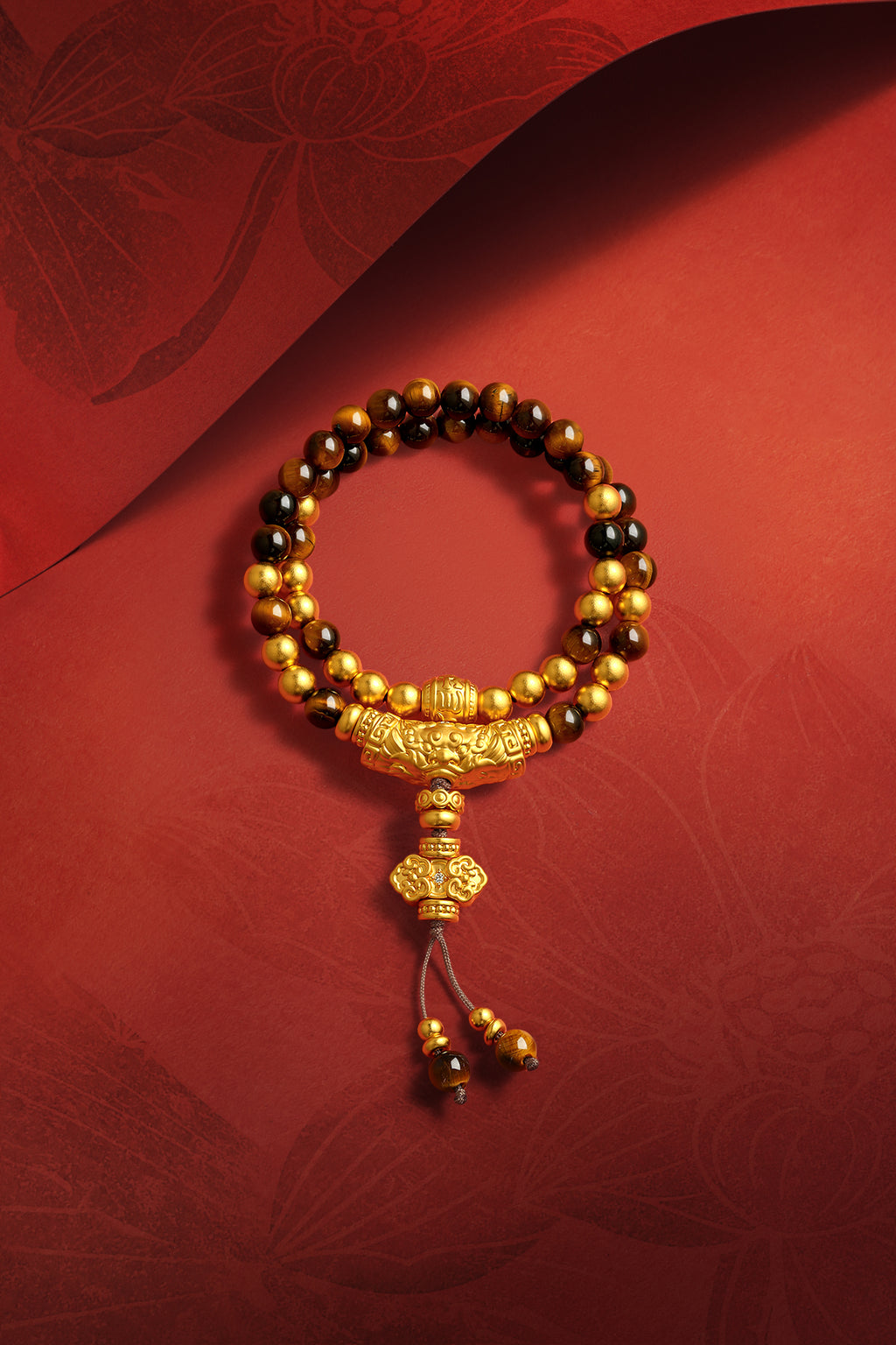 "Jiuhua Mountain" 24K Gold String Bracelet Wood Transformation Stone Engraved Ruyi Tassel 6-6.5mm 35cm A1936212
