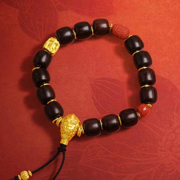 Jiuhua Mountain' 24K Gold Beaded Bracelet Sandalwood Beads Agate Ksitigarbha's Implements A1915332