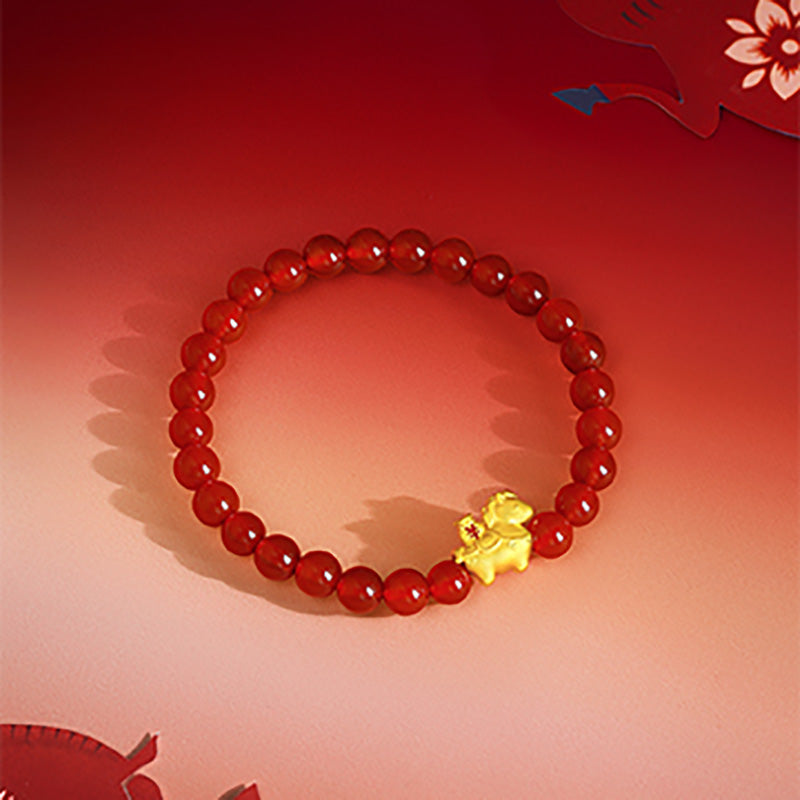 'Year of the Horse' 24K Gold Beaded Bracelet Agate Horse Wealth 0.7-1g 17cm A1916287