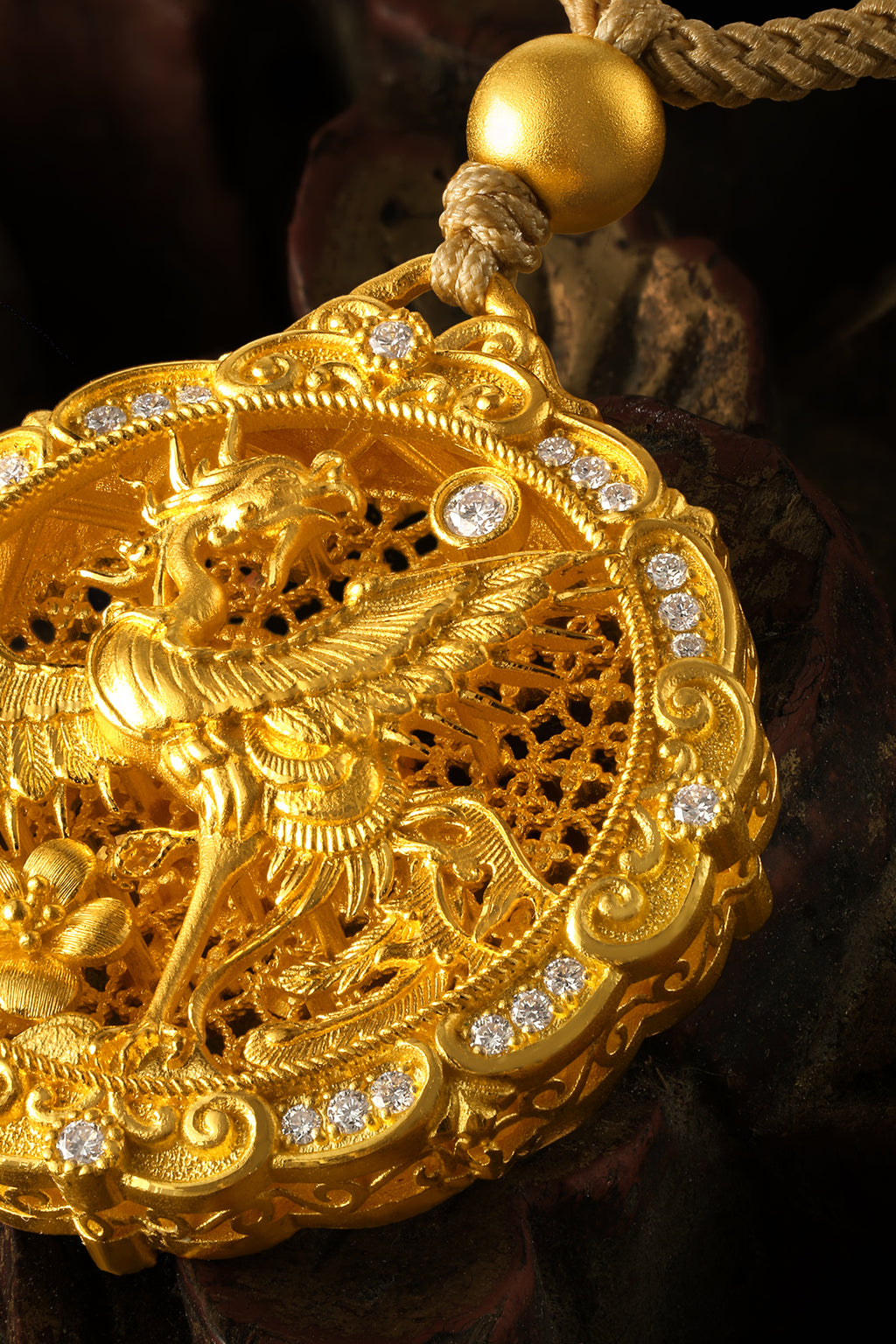 "Chinese Culture Collection - Wood Carving" 999 24K Gold  String Pendant Diamond 0.017ct Diamond 0.01ct Diamond 0.005ct Dragon Phoenix 13-15g W0450033
