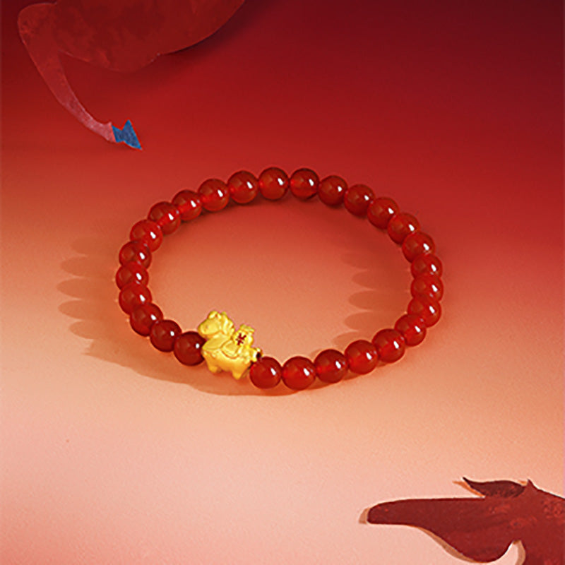 'Year of the Horse' 24K Gold Beaded Bracelet Agate Horse Wealth 0.7-1g 17cm A1916287