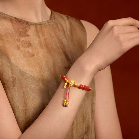Jiuhua Mountain' 24K Gold Beaded Bracelet Agate Bodhi Bead Ksitigarbha's Implements A1915333