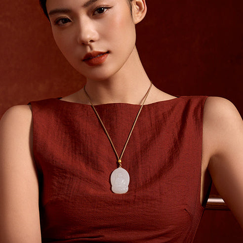 'Jiuhua Mountain' 24K Gold Pendant Necklace Heitian Jade Ksitigarbha Bodhisattva Y0415336