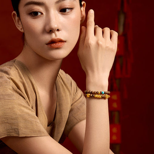 Jiuhua Mountain' 999.9 24K Gold Beaded Bracelet Turquoise Agarwood Ksitigarbha's Implements J1915338