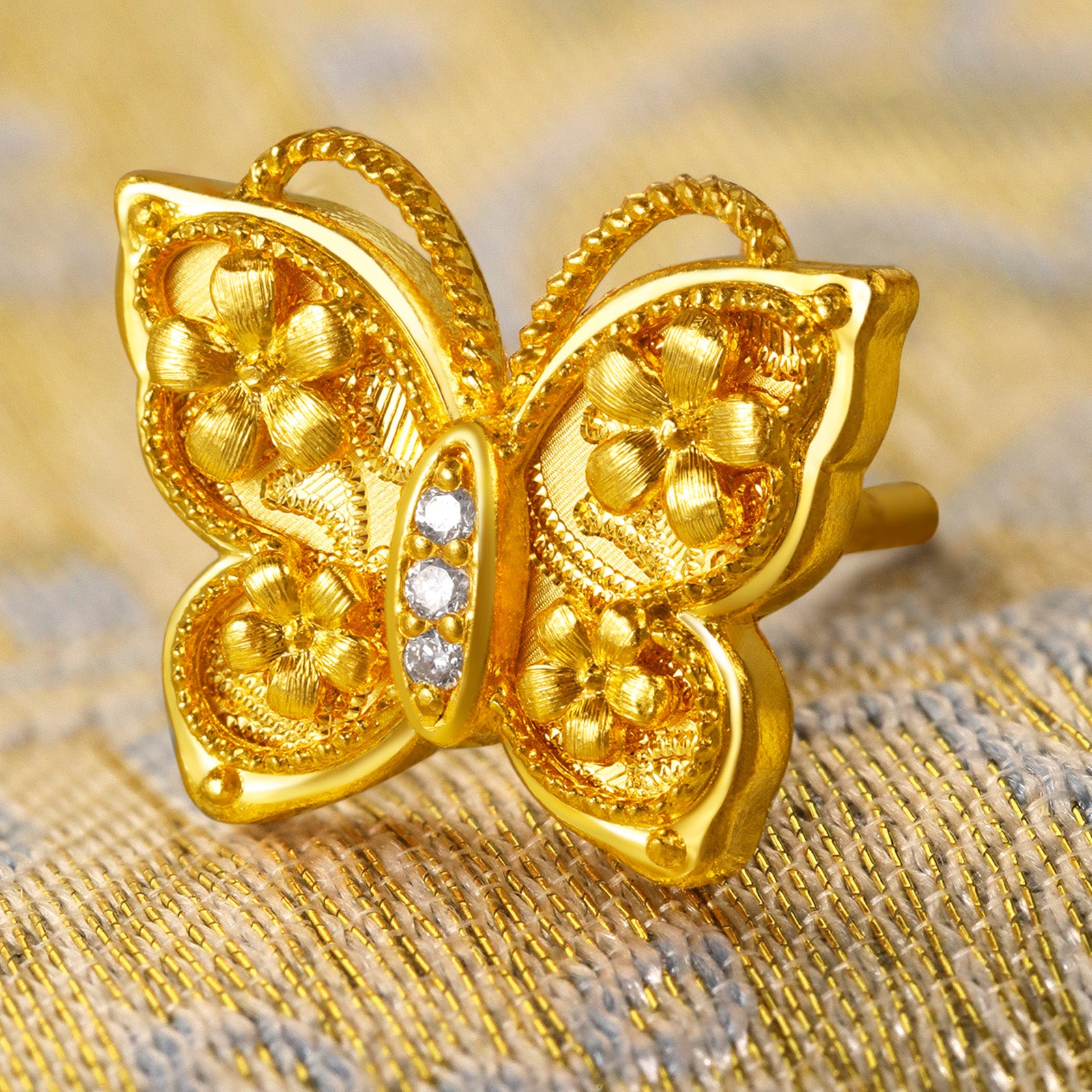「華夏文化典藏—宋錦」24K金耳釘 鑽石蝴蝶 3.1-5.1g W0923498