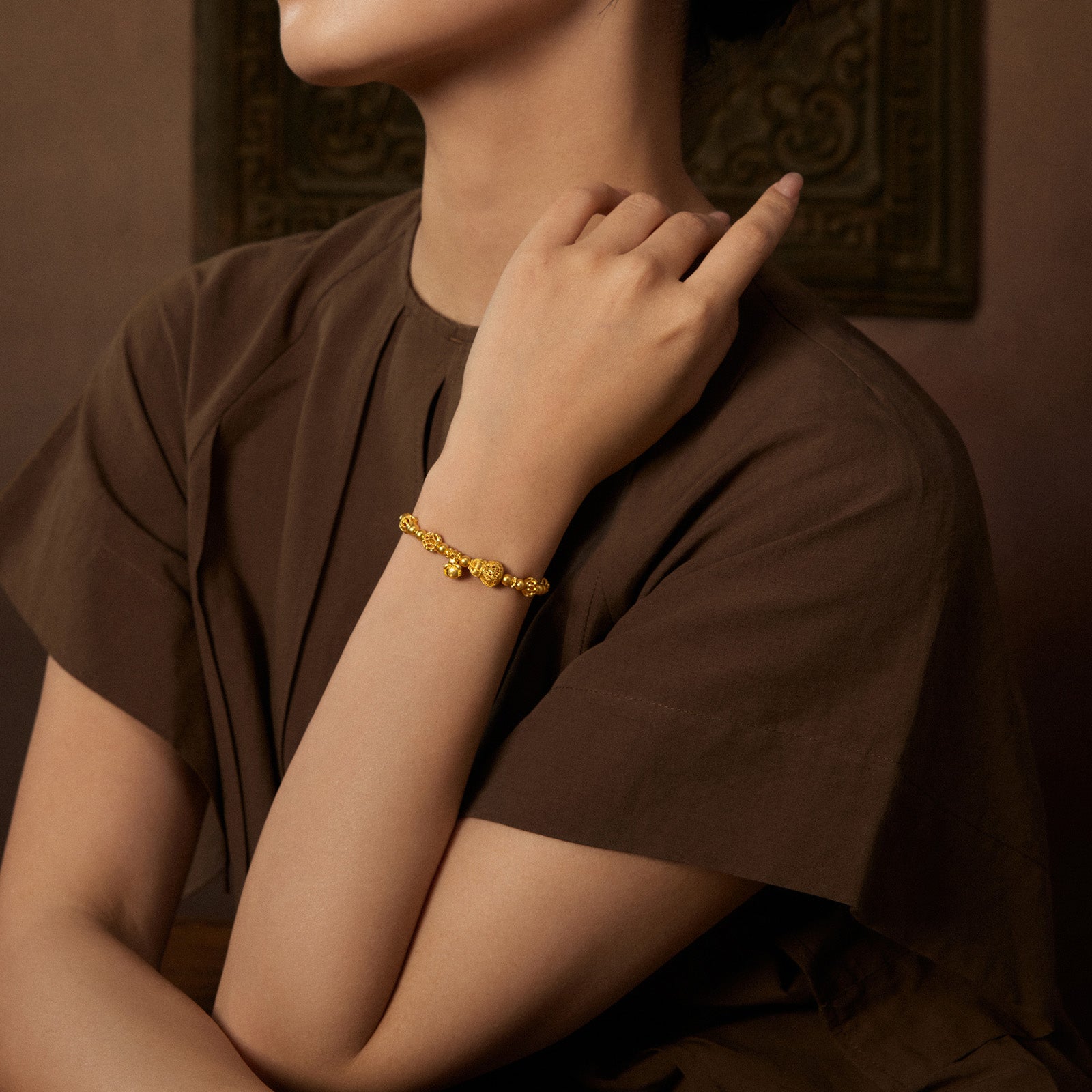 "Chinese Culture Collection - Wood Carving"  24K Gold Beaded Bracelet  Gourd 5.17-7.17g A1949930