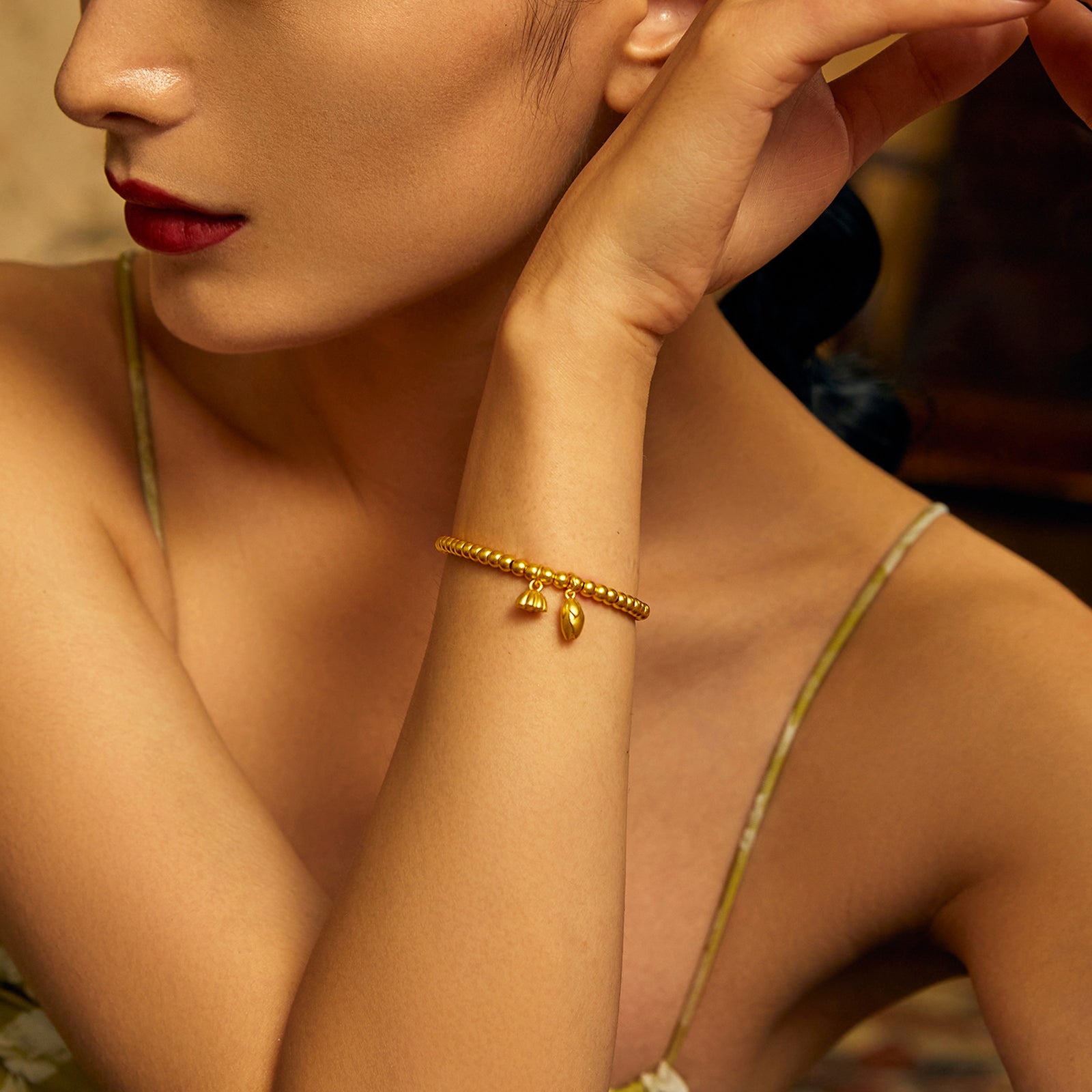 Antiquity Gold' 999.9 24K Gold Beaded Bracelet Lotus 11-12g A198922