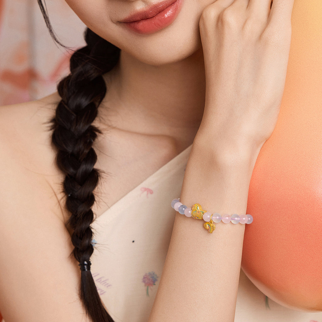 'Year of the Horse'  24K Gold Beaded Bracelet Rose Quartz Aquamarine Horse Rainbow 1.3-1.6g 17cm A1915543