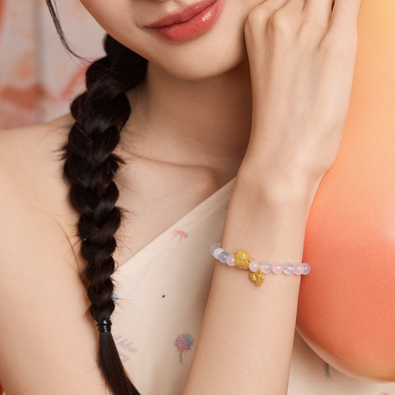 'Year of the Horse'  24K Gold Beaded Bracelet Rose Quartz Aquamarine Horse Rainbow 1.3-1.6g 17cm A1915543
