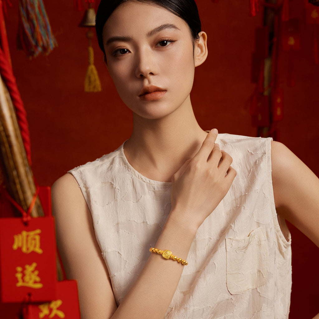 "Jiuhua Mountain" 24K Gold Beaded Bracelet Diamond Enamel Square Charm W1945663