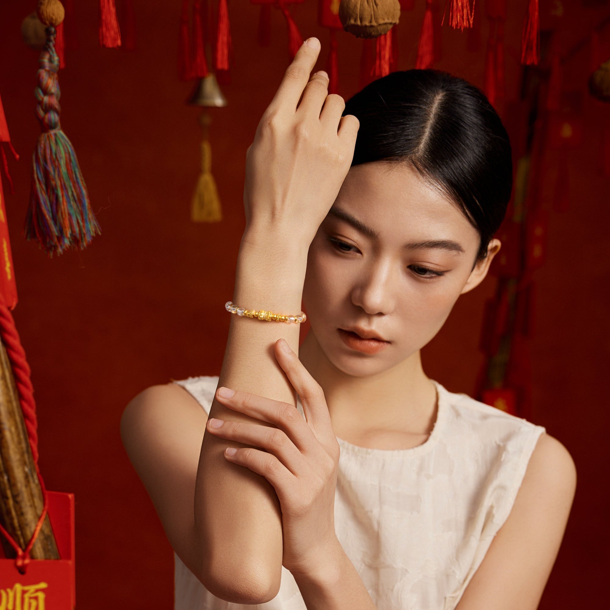 "Jiuhua Mountain" 24K Gold Crystal Beaded Bracelet Engraved Character 6-6.5mm 18cm J1935922