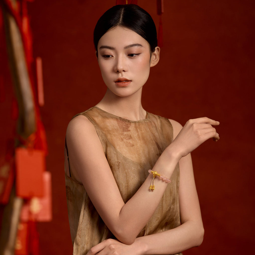"Jiuhua Mountain" 24K Gold String Bracelet Rose Quartz Engraved Tassel 8-8.5mm 18cm A1938090