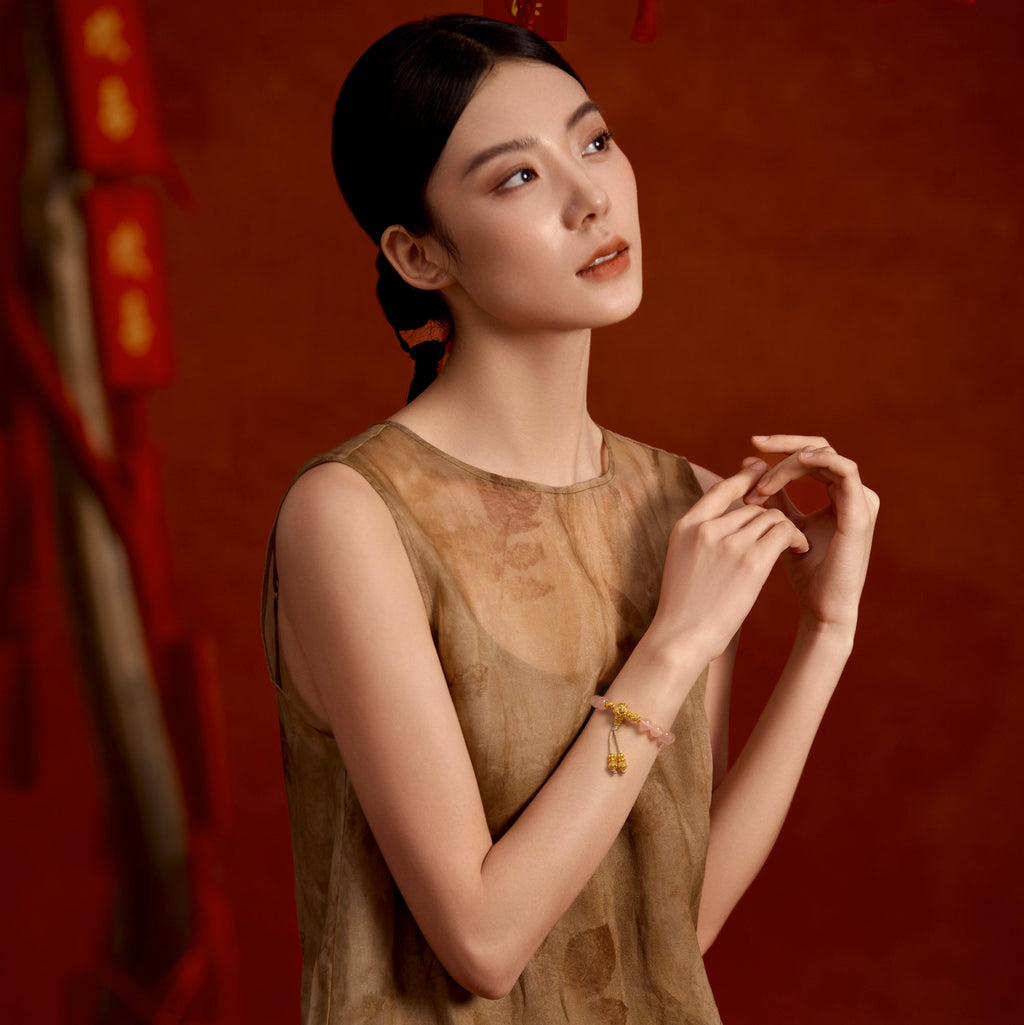"Jiuhua Mountain" 24K Gold String Bracelet Rose Quartz Engraved Tassel 8-8.5mm 18cm A1938090