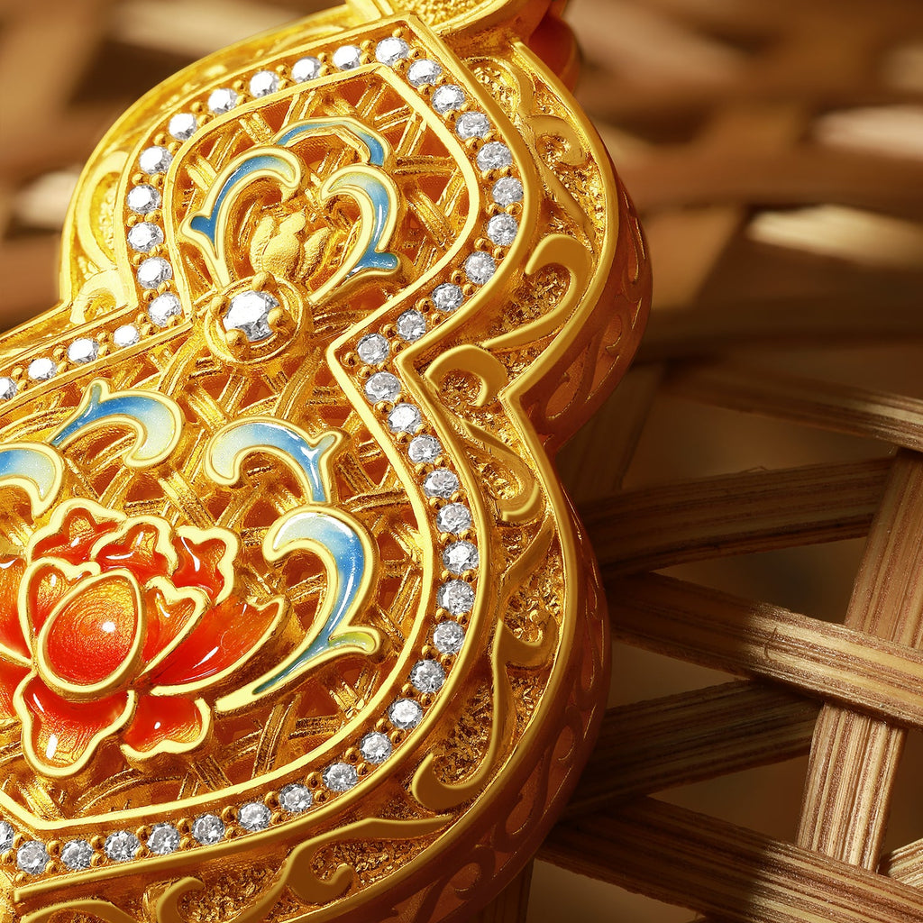 「中國文化系列 - 竹編」 24K金吊墜項鍊 鑽石0.004克拉 葫蘆形吊墜 12.5-14.5克 W0423488