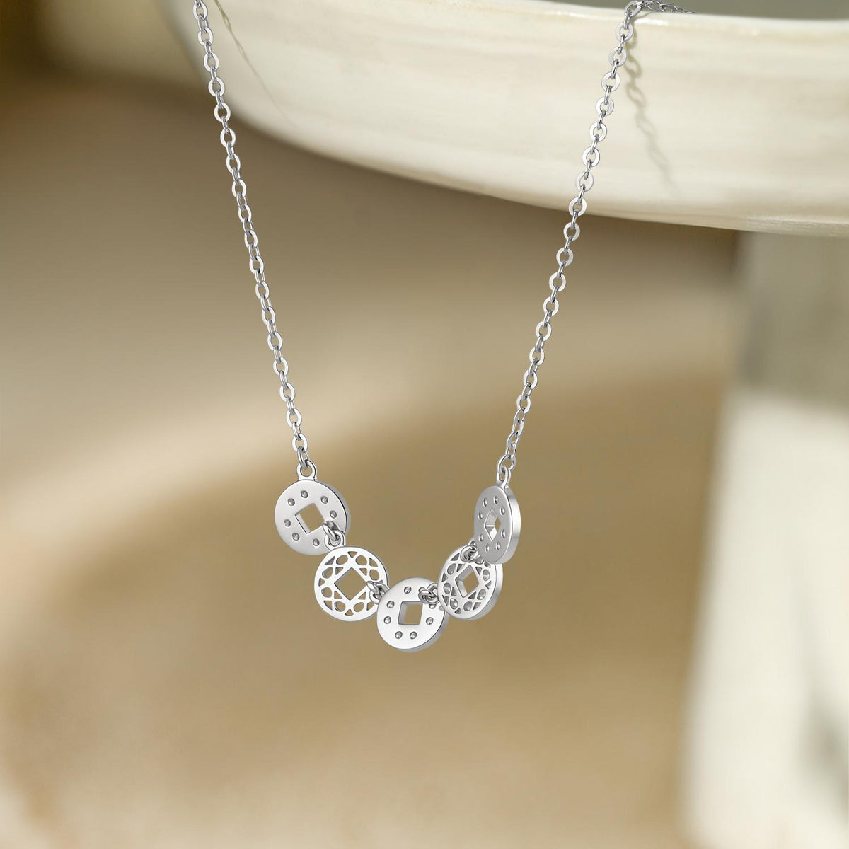 ZHOU LIU FU 925 Sterling Silver Smile Necklace for Women with Cubic Zirconia, Chinese Coin Shaped Charms Birthday Gift for Wife