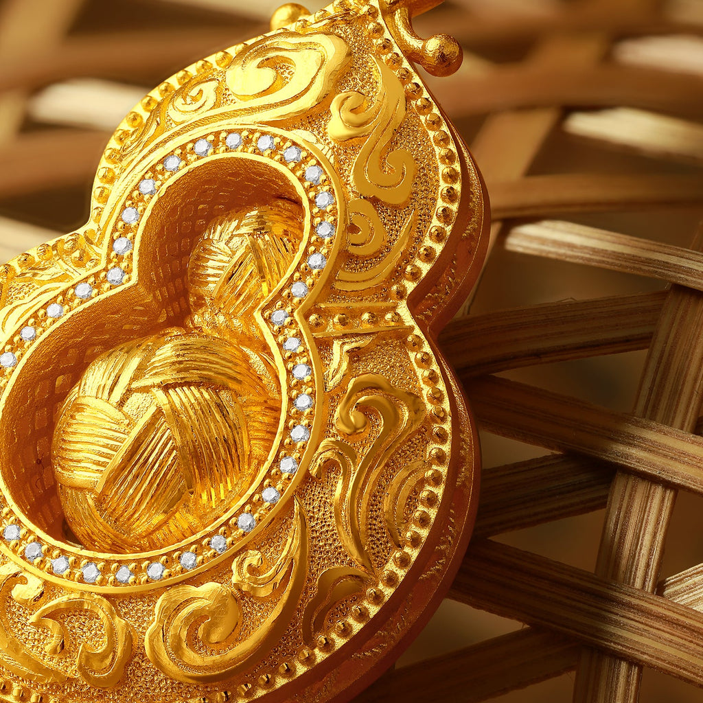 「中國文化系列 - 竹編」 24K金吊墜項鍊 鑽石葫蘆 13.15-15.15克 W0423504