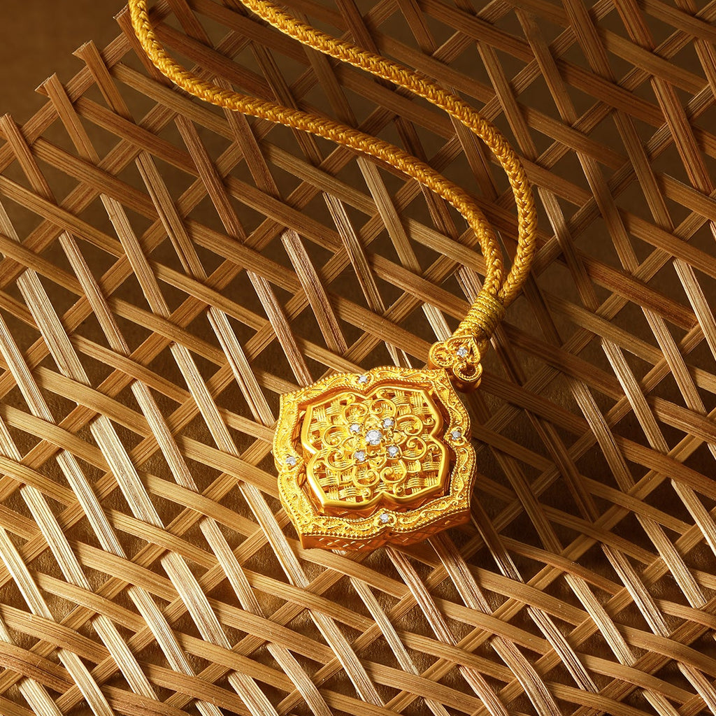 「中國文化系列 - 竹編」 24K金吊墜項鍊 鑽石0.012克拉 鑽石0.01克拉 花卉圖案 16.45-18.45克 W0423515