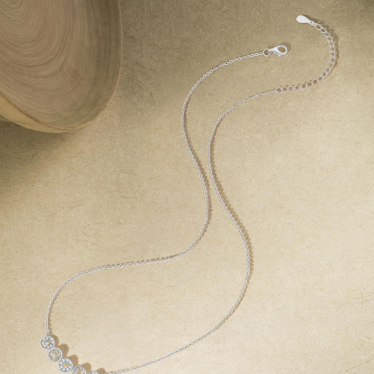 ZHOU LIU FU 925 Sterling Silver Smile Necklace for Women with Cubic Zirconia, Chinese Coin Shaped Charms Birthday Gift for Wife