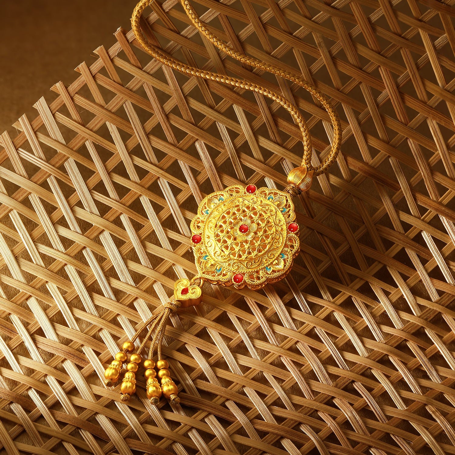 "Chinese Culture Collection - Woven Bamboo" 24K Gold Pendant Necklace Diamond Flora 18.96-20.96g W0423496
