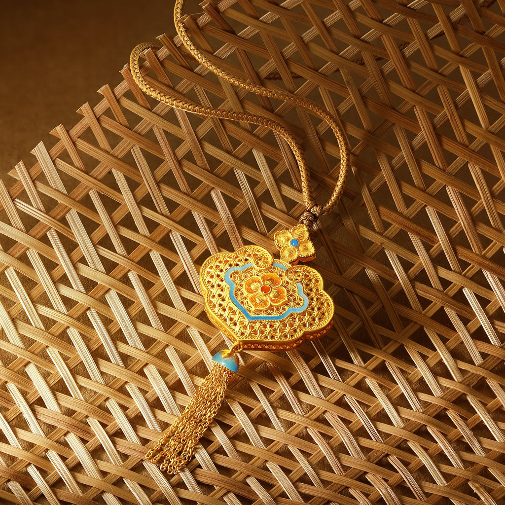 「中國文化系列 - 竹編」 24K金吊墜項鍊 鑽石0.003克拉 鑽石0.004克拉 花卉圖案 16.05-18.05克 W0423514