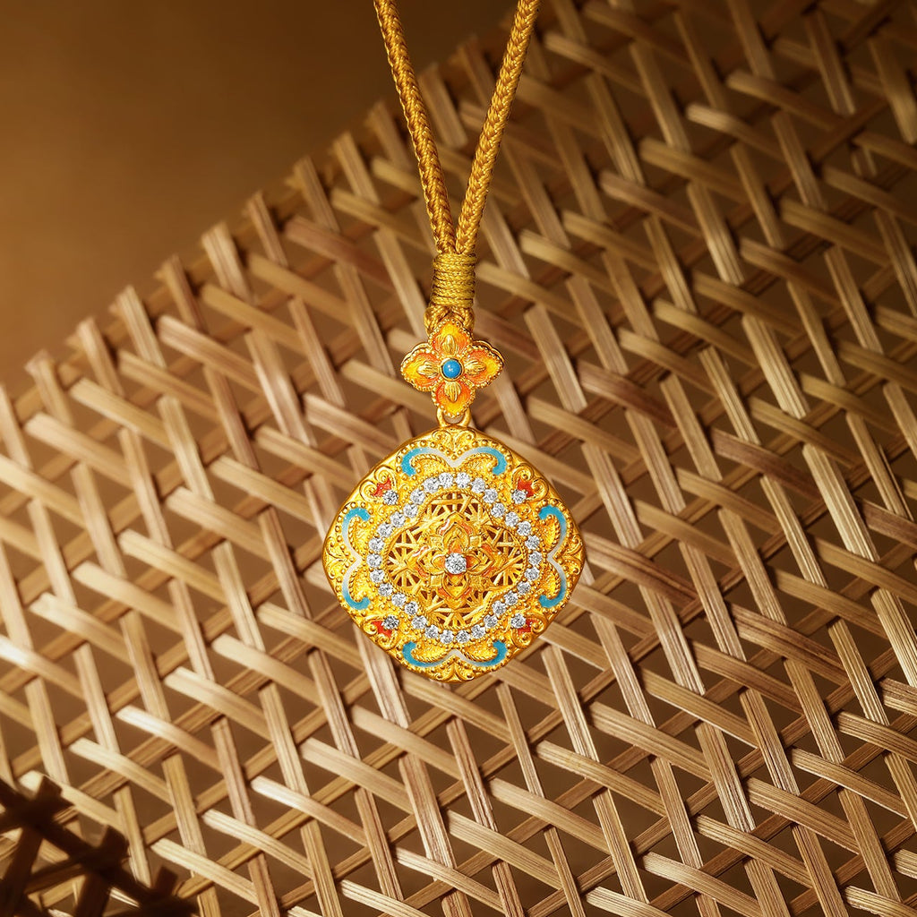 「中國文化系列 - 竹編」 24K金吊墜項鍊 鑽石0.015克拉 鑽石0.014克拉 花卉圖案 16.58-18.58克 W0423508