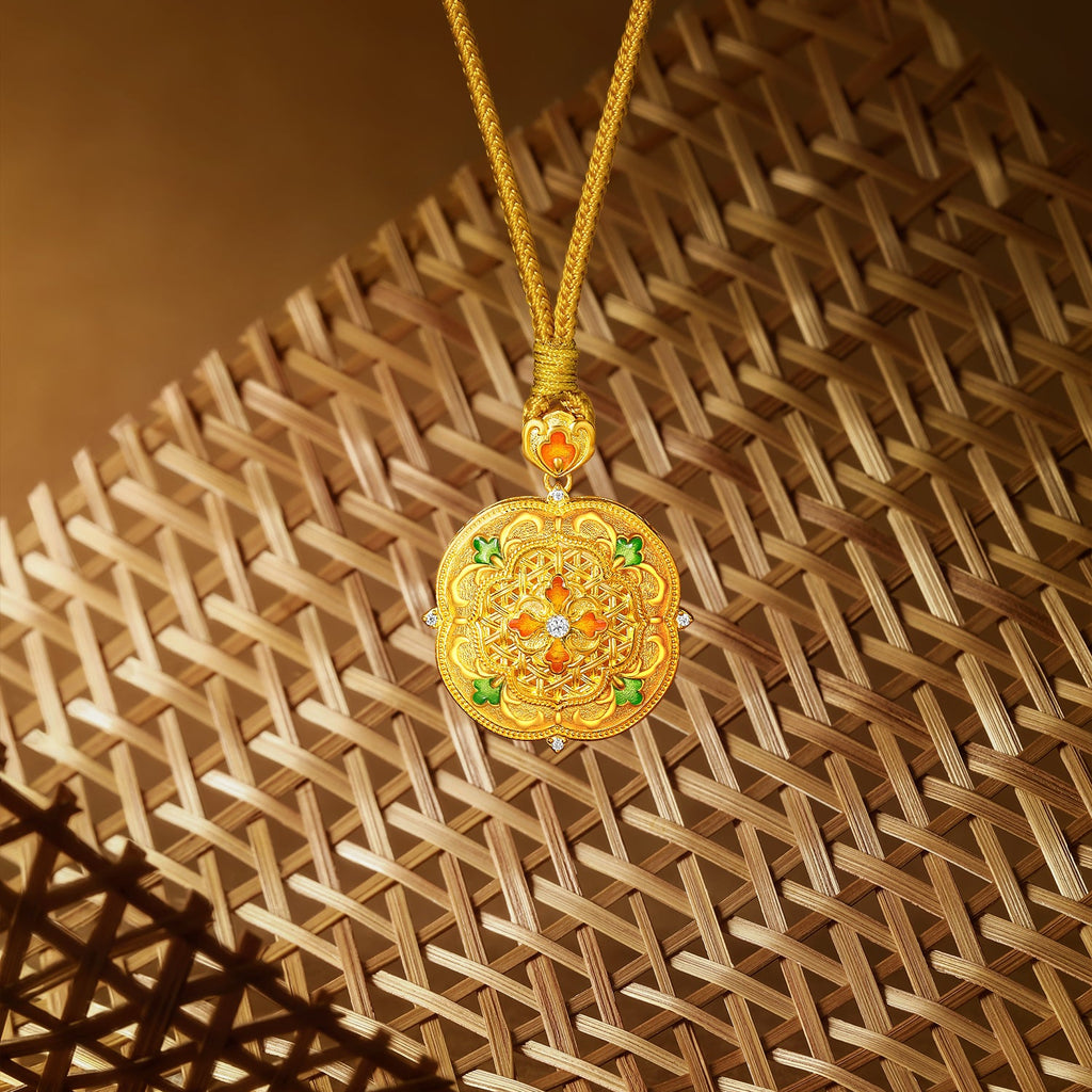 「中國文化系列 - 竹編」 24K金吊墜項鍊 鑽石 0.008克拉 花卉圖案 13.38-15.38克 W0423491