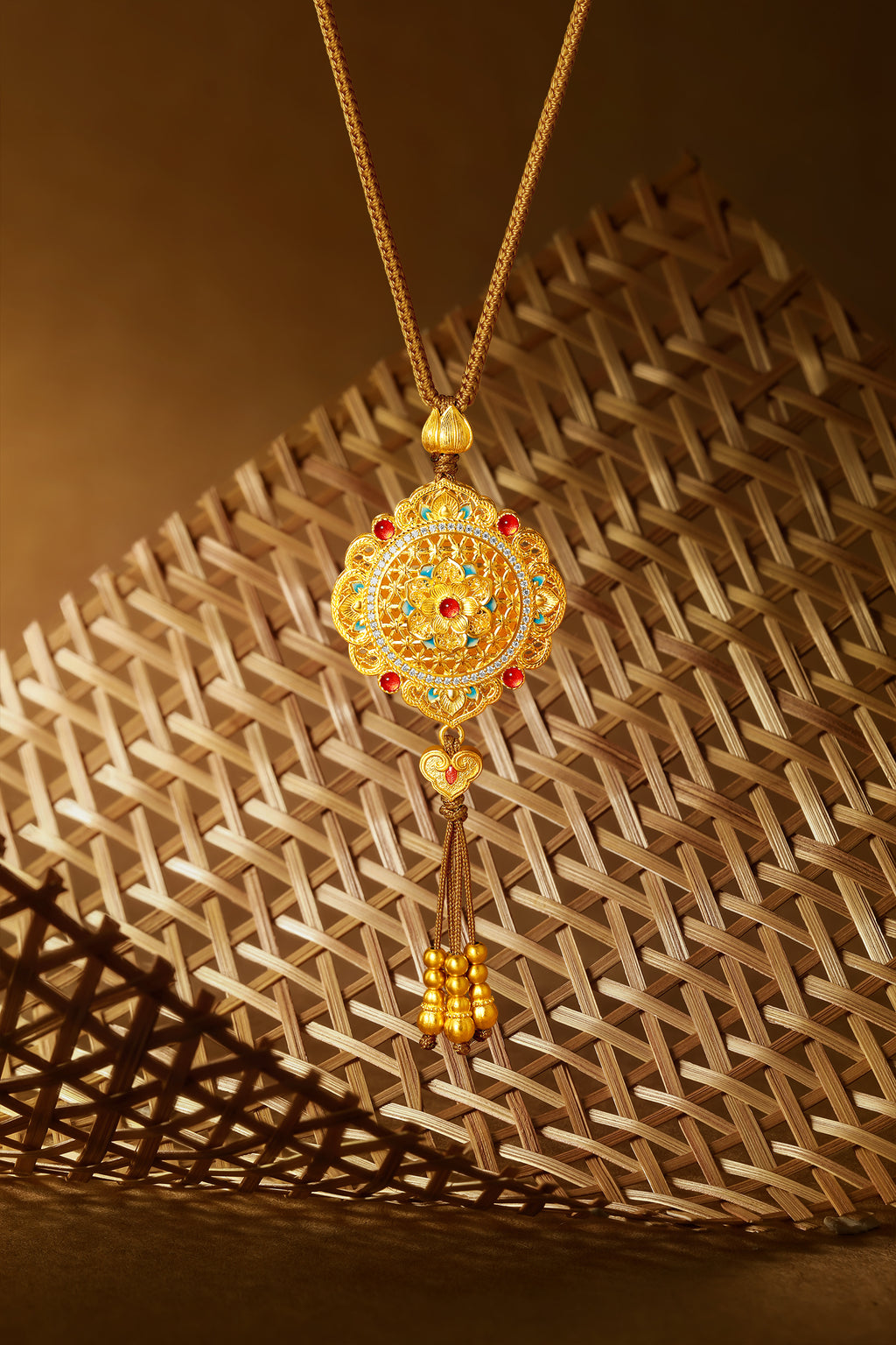 "Chinese Culture Collection - Woven Bamboo" 24K Gold Pendant Necklace Diamond Flora 18.96-20.96g W0423496