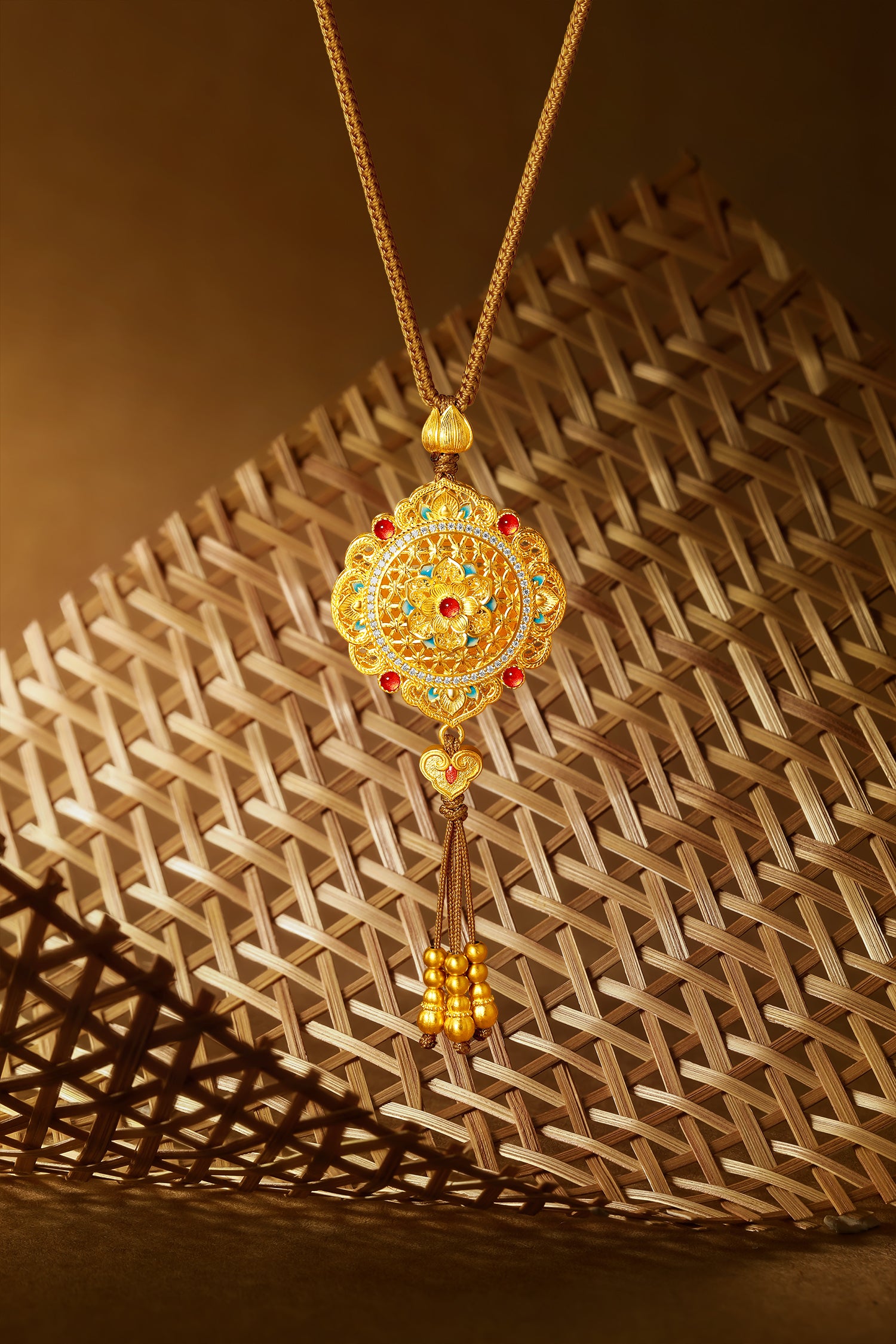 "Chinese Culture Collection - Woven Bamboo" 24K Gold Pendant Necklace Diamond Flora 18.96-20.96g W0423496