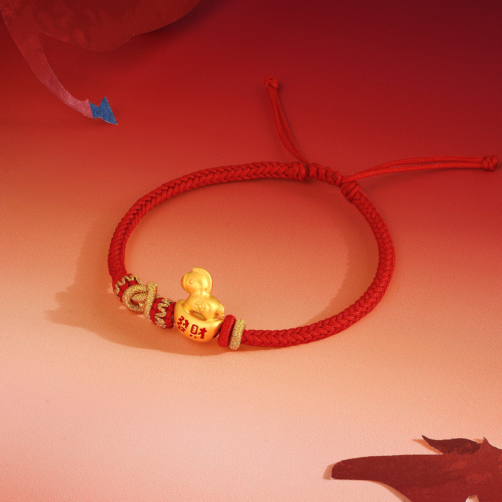 'Year of the Horse'  24K Gold String Bracelet Horse Yuanbao 0.65-0.85g 16cm-22cm A1715952