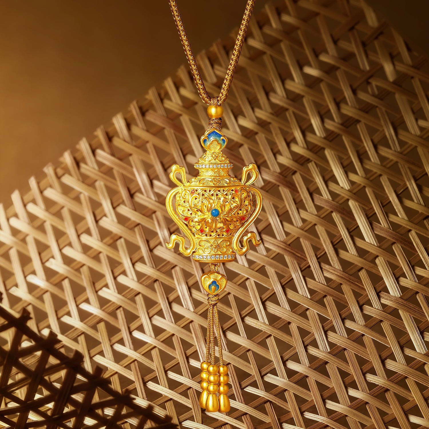 「中國文化系列 - 竹編」 24K金吊墜項鍊 鑽石0.002克拉 中國花瓶 20.1-22.1克 W0423494