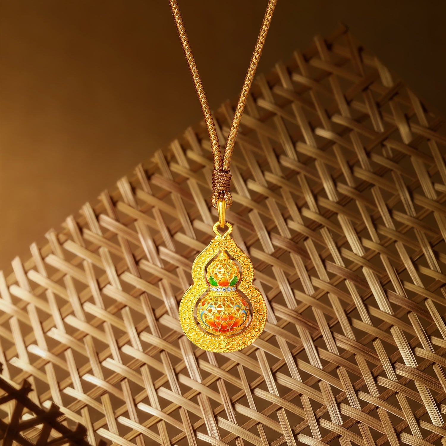 "Chinese Culture Collection - Woven Bamboo" 24K Gold Pendant Necklace Diamond Flora 9.69-11.69g W0423509