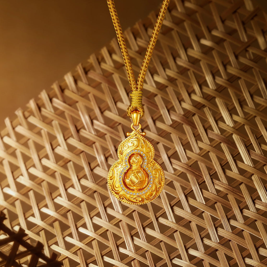 「中國文化系列 - 竹編」 24K金吊墜項鍊 鑽石葫蘆 13.15-15.15克 W0423504