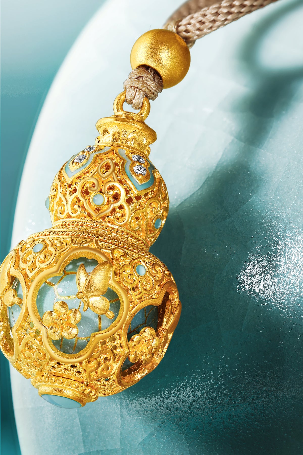 "Chinese Culture Collection - Ru Ware" 999 24K Gold String Pendant Diamond 0.007ct Diamond 0.003ct Gourd 11.7-13.7g W0450032