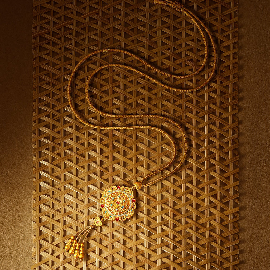 "Chinese Culture Collection - Woven Bamboo" 24K Gold Pendant Necklace Diamond Flora 18.96-20.96g W0423496