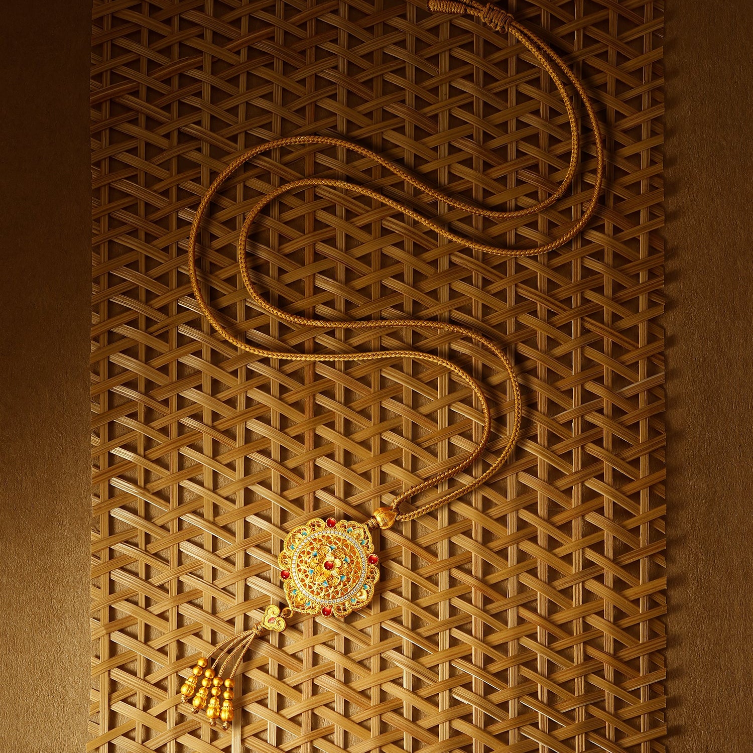 "Chinese Culture Collection - Woven Bamboo" 24K Gold Pendant Necklace Diamond Flora 18.96-20.96g W0423496