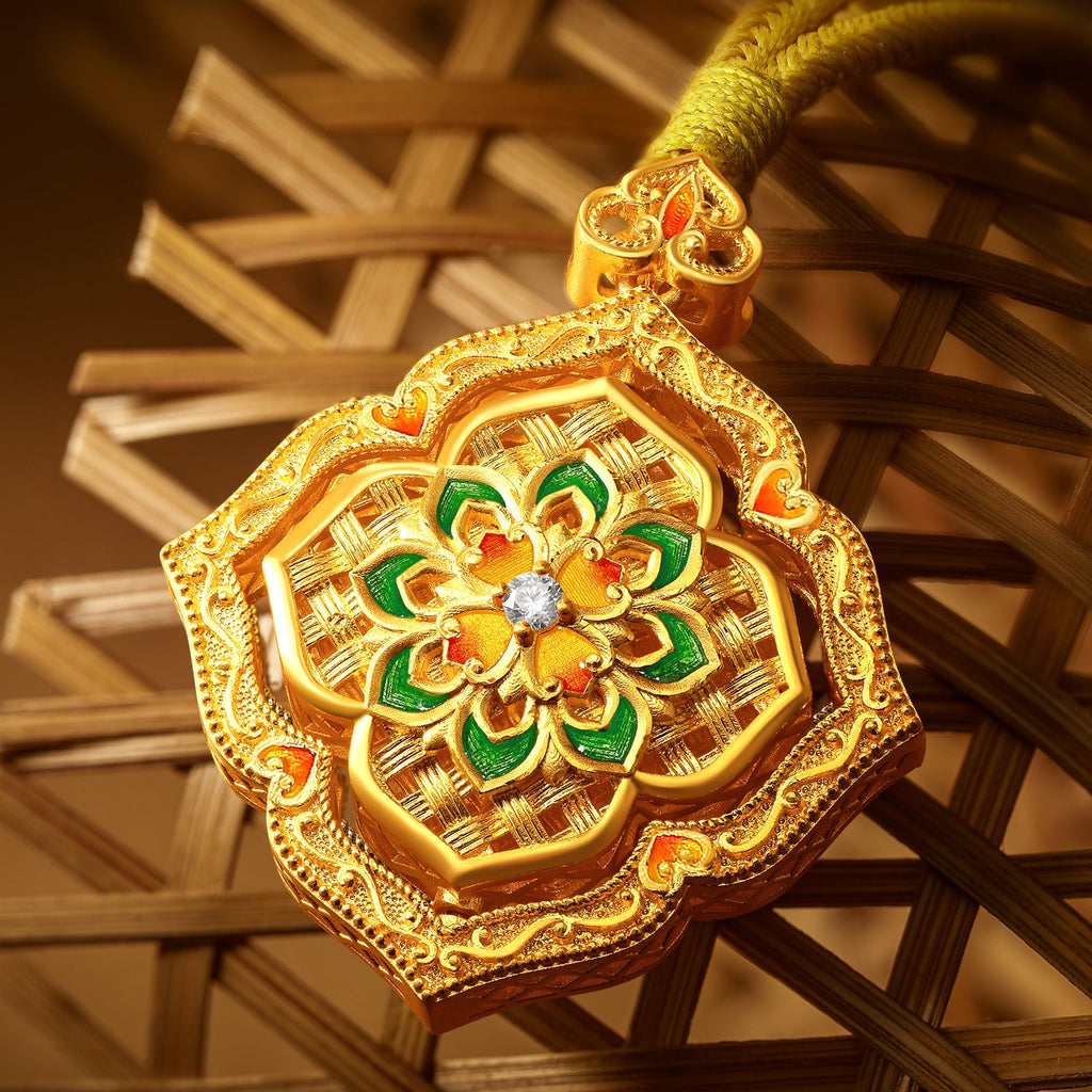 「中國文化系列 - 竹編」 24K金吊墜項鍊 鑽石0.012克拉 鑽石0.01克拉 花卉圖案 16.45-18.45克 W0423515