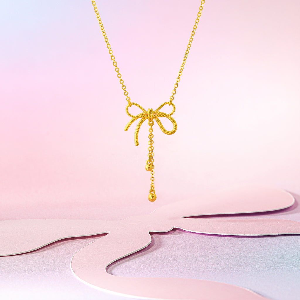 "Girl's Worries" 24K Gold Pendant Necklace Bow 3.75-4.15g A0615490