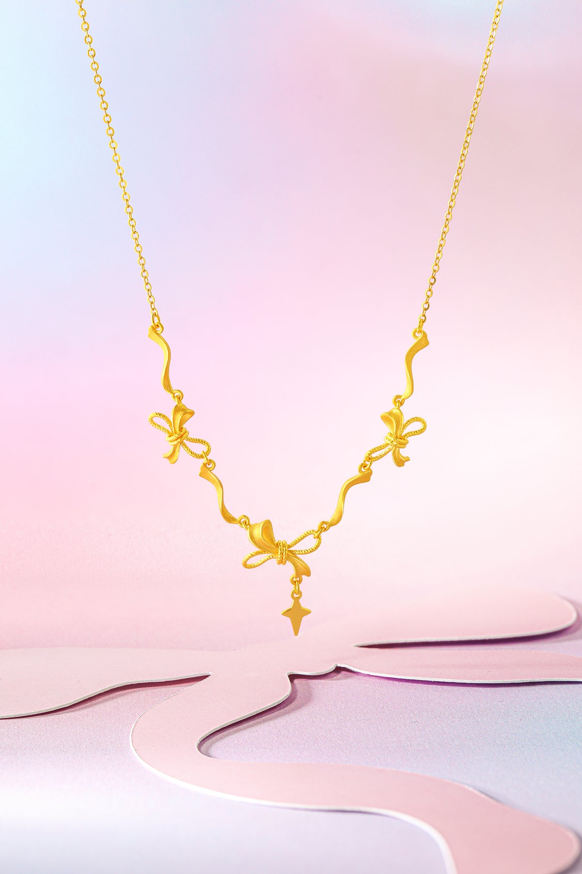 "Girl's Worries" 24K Gold Pendant Necklace Bow 5.38-6.58g A0615789