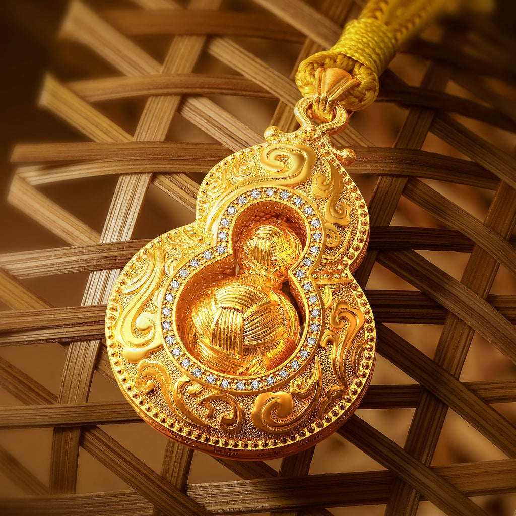 「中國文化系列 - 竹編」 24K金吊墜項鍊 鑽石葫蘆 13.15-15.15克 W0423504