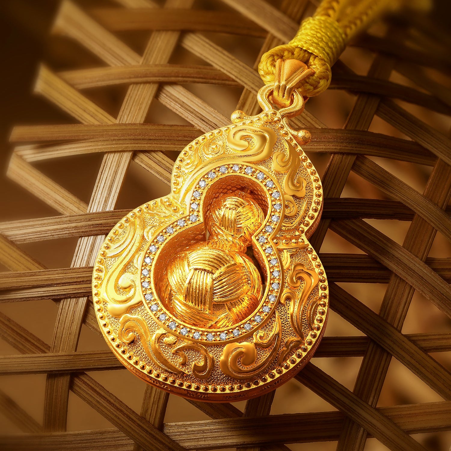 「中國文化系列 - 竹編」 24K金吊墜項鍊 鑽石葫蘆 13.15-15.15克 W0423504