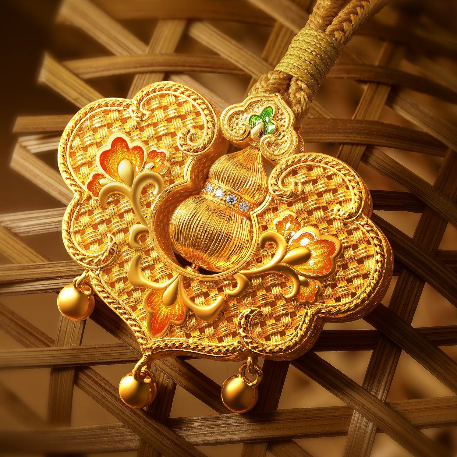 "Chinese Culture Collection - Woven Bamboo" 24K Gold Pendant Necklace Diamond Flora 15.63-17.63g W0423507