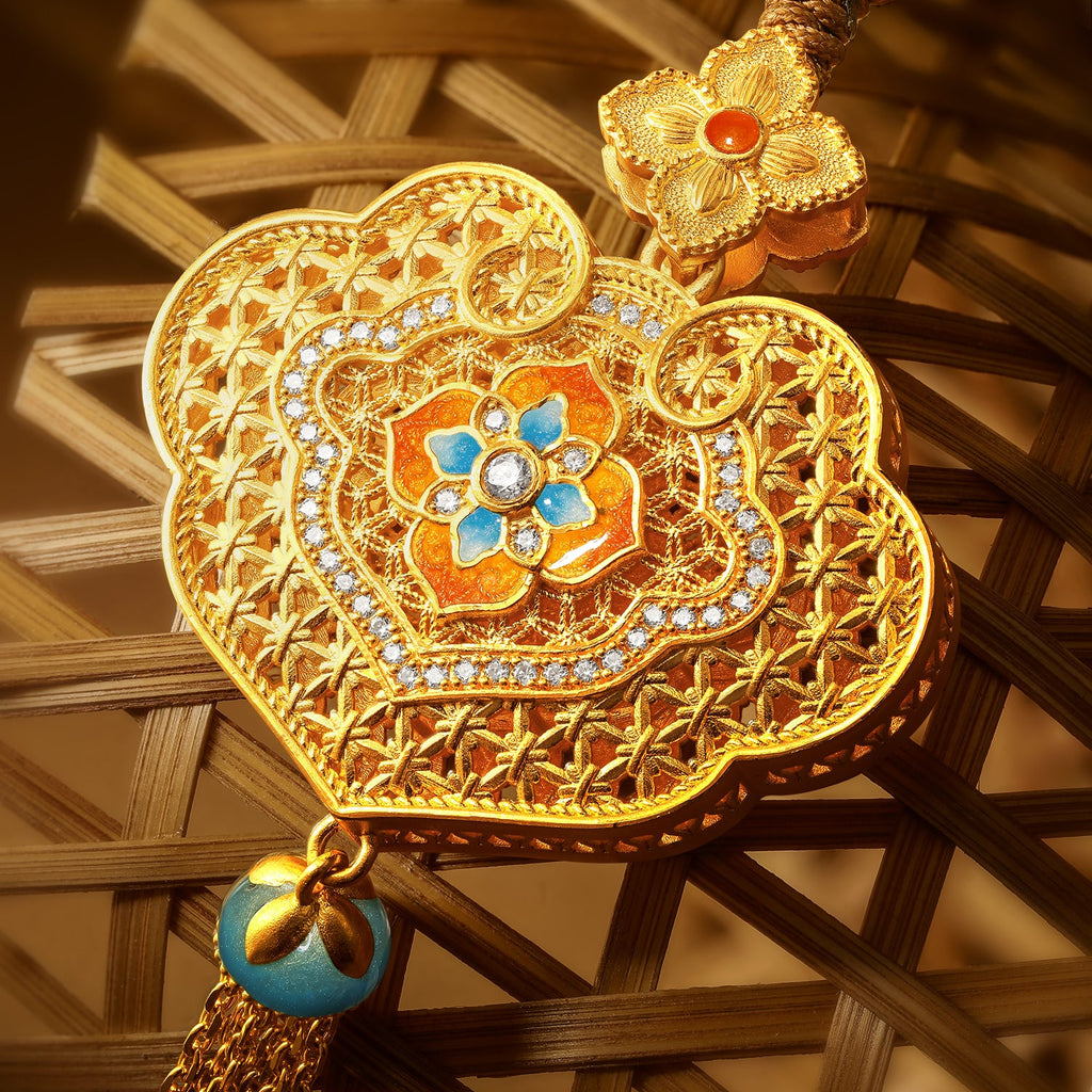 「中國文化系列 - 竹編」 24K金吊墜項鍊 鑽石0.003克拉 鑽石0.004克拉 花卉圖案 16.05-18.05克 W0423514