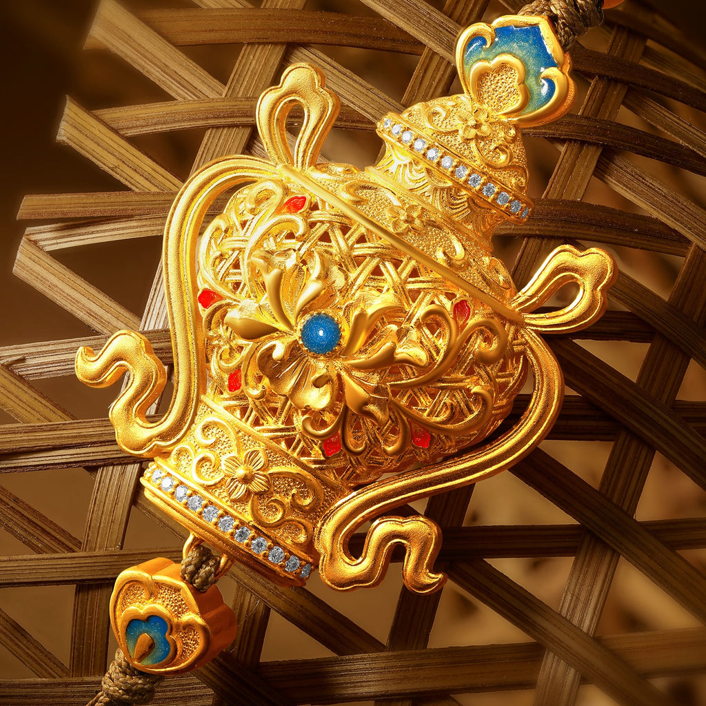 「中國文化系列 - 竹編」 24K金吊墜項鍊 鑽石0.002克拉 中國花瓶 20.1-22.1克 W0423494