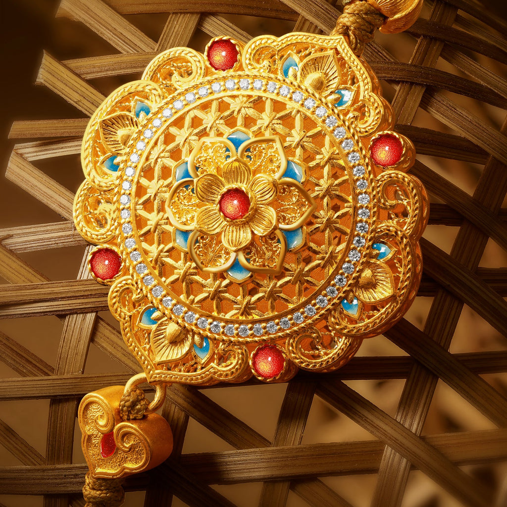 "Chinese Culture Collection - Woven Bamboo" 24K Gold Pendant Necklace Diamond Flora 18.96-20.96g W0423496