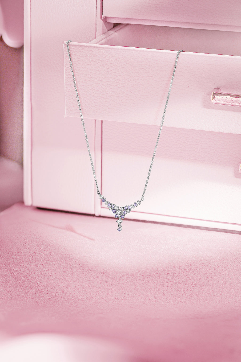 925 Sterling Silver Lavender Nebula Cluster Drop Necklace - Cubic Zirconia Star Bid Necklace Minimalist Clavicle Chain for Women 16-18inch