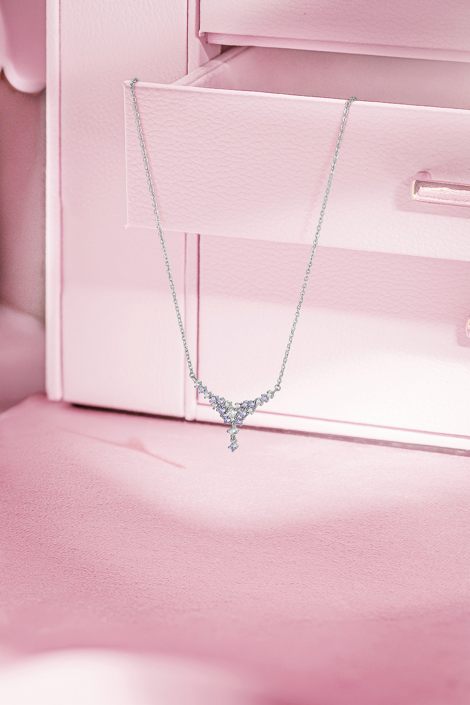 925 Sterling Silver Lavender Nebula Cluster Drop Necklace - Cubic Zirconia Star Bid Necklace Minimalist Clavicle Chain for Women 16-18inch
