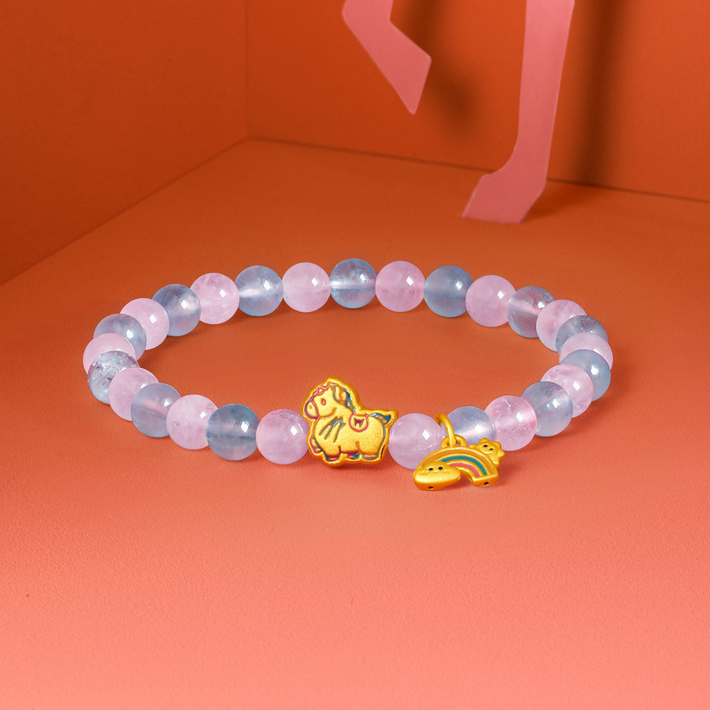 'Year of the Horse'  24K Gold Beaded Bracelet Rose Quartz Aquamarine Horse Rainbow 1.3-1.6g 17cm A1915543