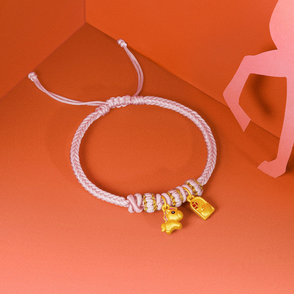 'Year of the Horse' 24K Gold String Bracelet Horse Yuanbao 1-1.3g 16cm-22cm A1715525