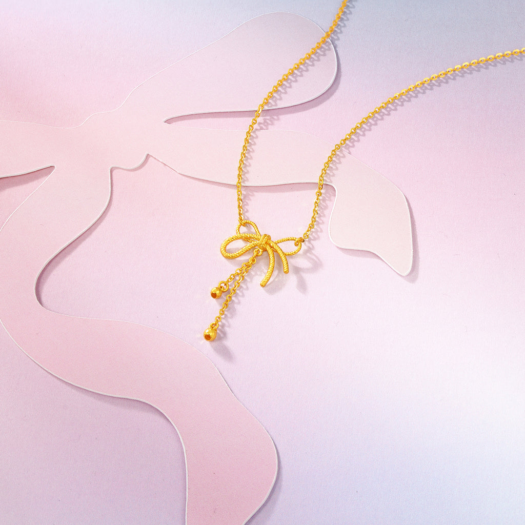 "Girl's Worries" 24K Gold Pendant Necklace Bow 3.75-4.15g A0615490