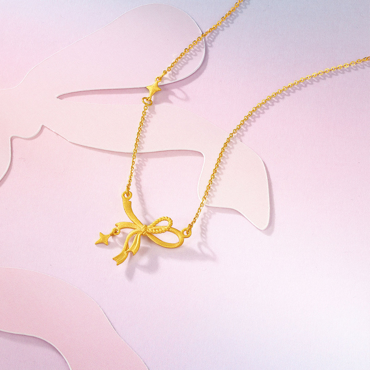 "Girl's Worries" 999 24K Gold Pendant Necklace Bow 3.7-4.1g A0615483